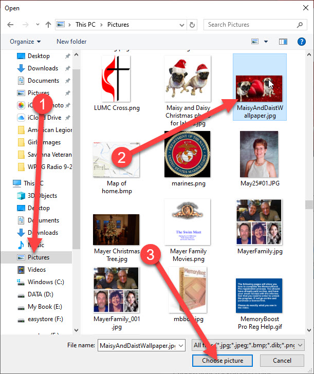 Locate and select new image from Pictures folder